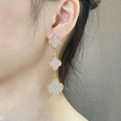 [Amore]CLOVER 3 MOTIFS DIAMOND PAVED ROSE GOLD EARRINGS