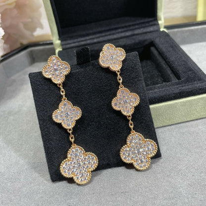 [Amore]CLOVER 3 MOTIFS DIAMOND PAVED ROSE GOLD EARRINGS