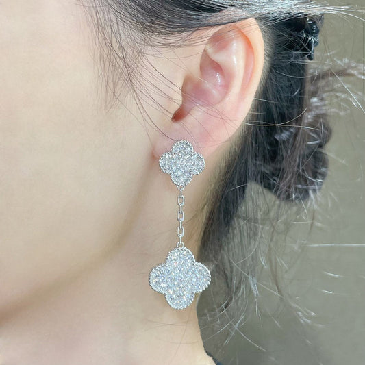 [Amore]CLOVER 2 MOTIFS DIAMOND PAVED SILVER EARRINGS