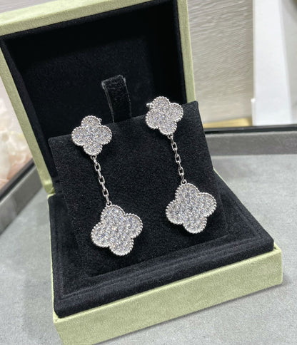 [Amore]CLOVER 2 MOTIFS DIAMOND PAVED SILVER EARRINGS