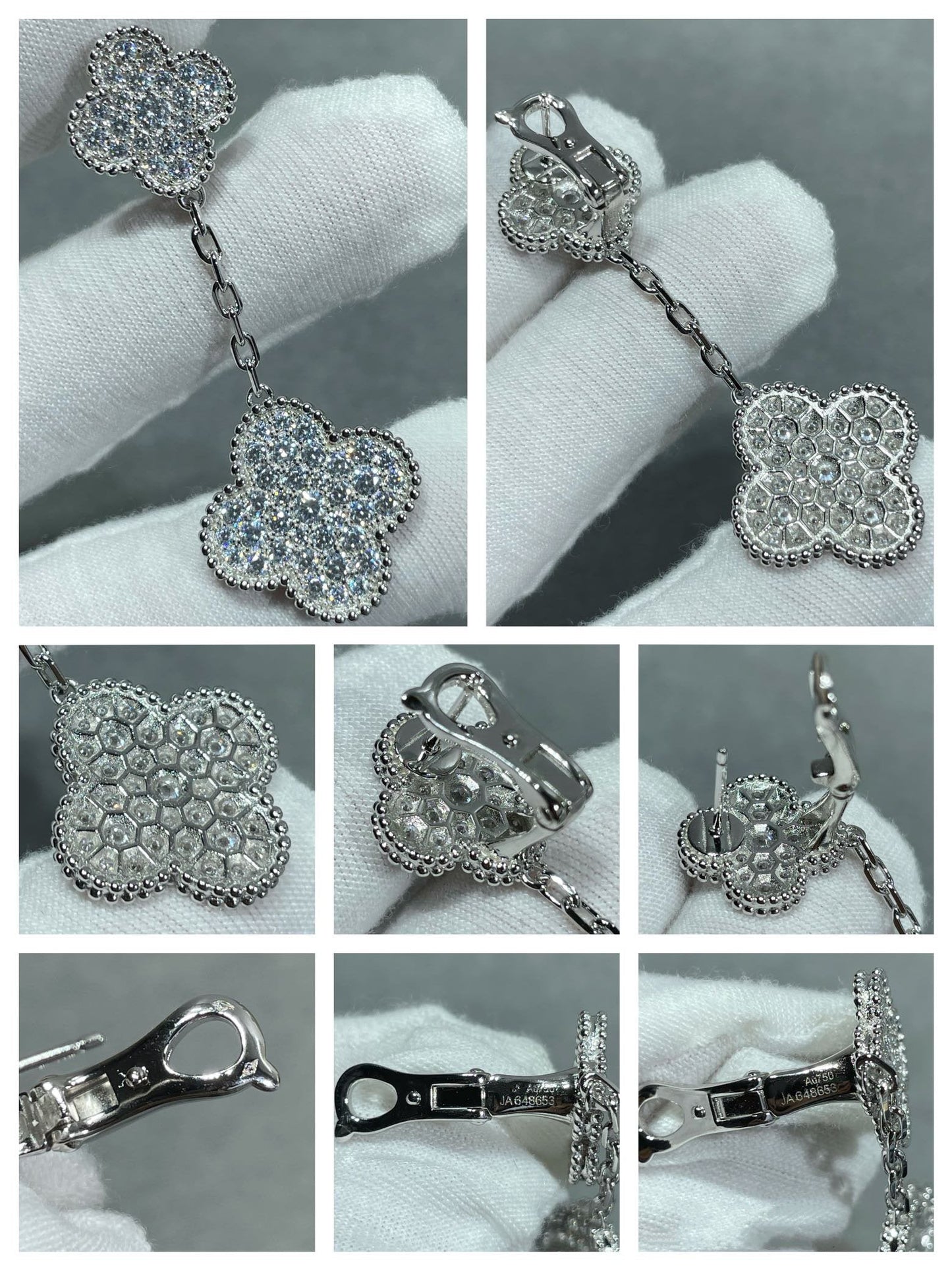 [Amore]CLOVER 2 MOTIFS DIAMOND PAVED SILVER EARRINGS