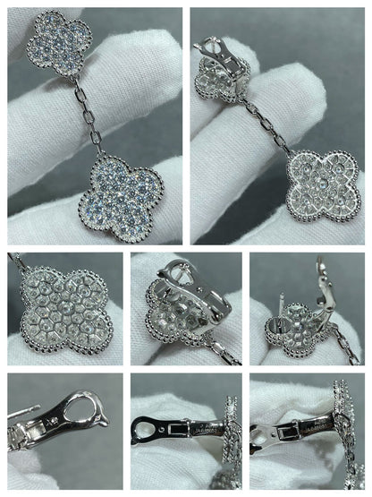 [Amore]CLOVER 2 MOTIFS DIAMOND PAVED SILVER EARRINGS