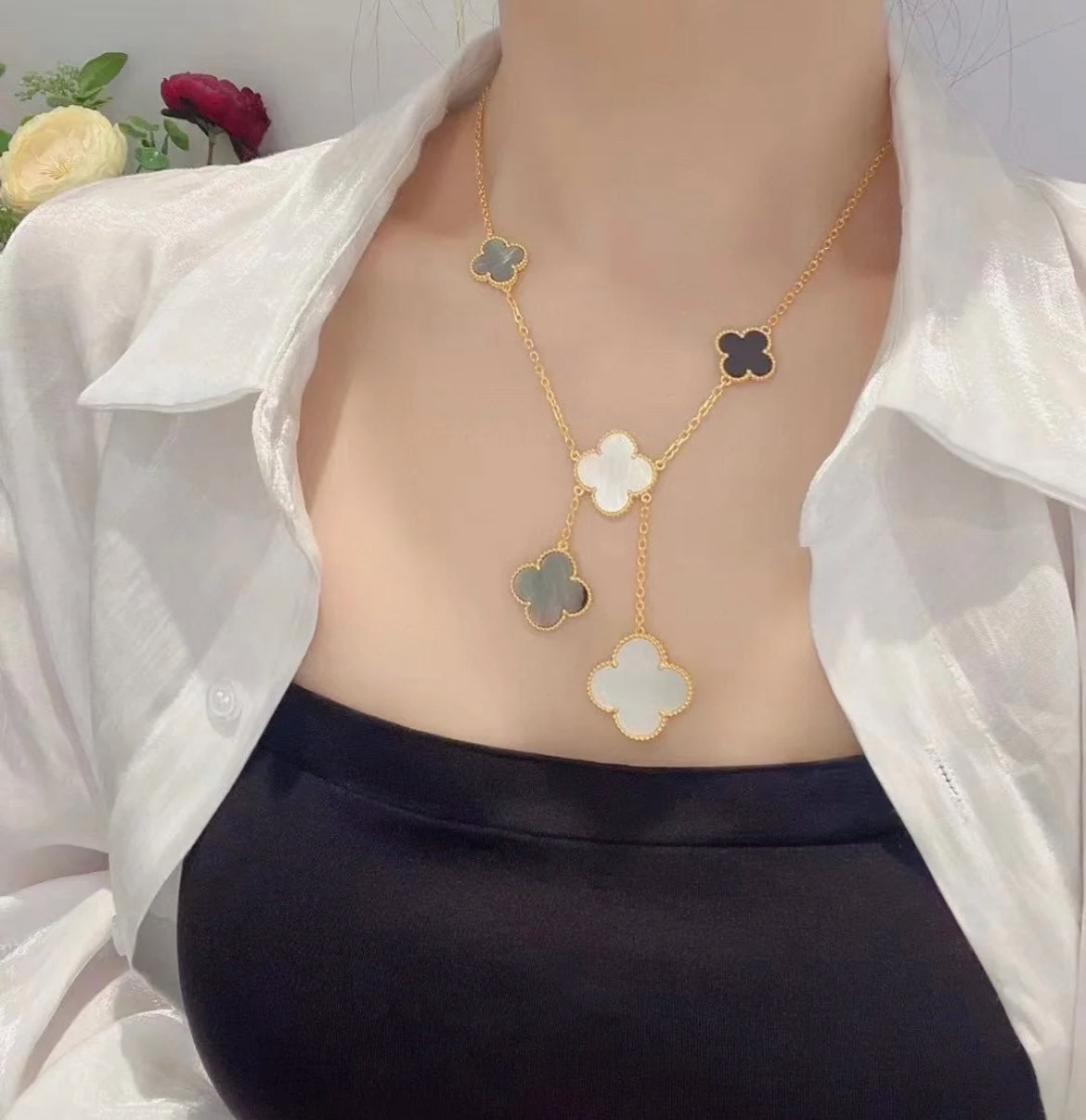 [Amore]CLOVER 6 MOTIF MOP ONYX GOLD NECKLACE