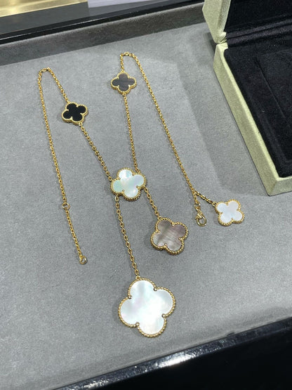 [Amore]CLOVER 6 MOTIF MOP ONYX GOLD NECKLACE