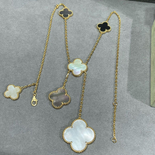 [Amore]CLOVER 6 MOTIF MOP ONYX GOLD NECKLACE