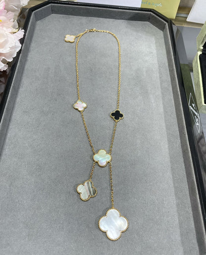 [Amore]CLOVER 6 MOTIF MOP ONYX GOLD NECKLACE