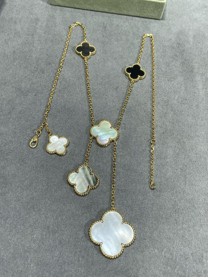 [Amore]CLOVER 6 MOTIF MOP ONYX GOLD NECKLACE