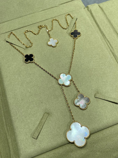 [Amore]CLOVER 6 MOTIF MOP ONYX GOLD NECKLACE