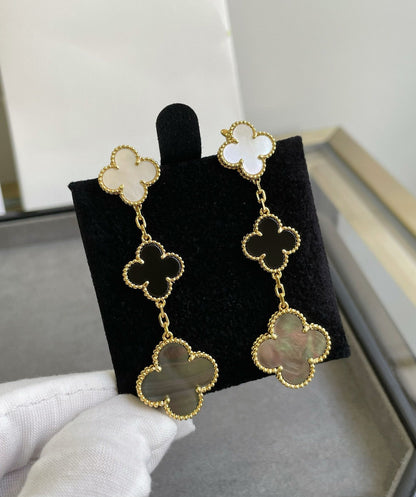 [Amore]CLOVER 3 MOTIF MOP ONYX DARK MOP PINK GOLD EARRINGS