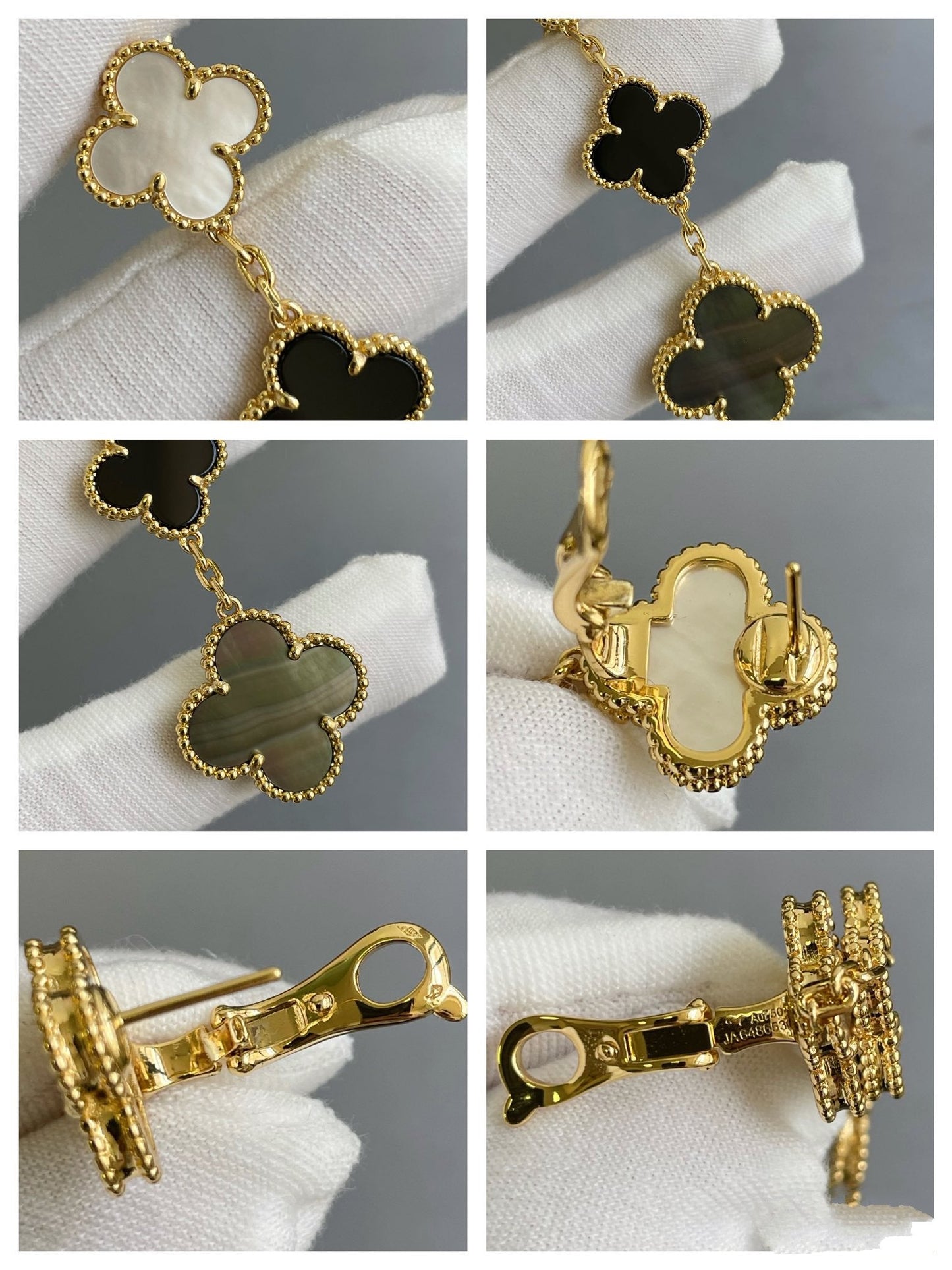 [Amore]CLOVER 3 MOTIF MOP ONYX DARK MOP PINK GOLD EARRINGS