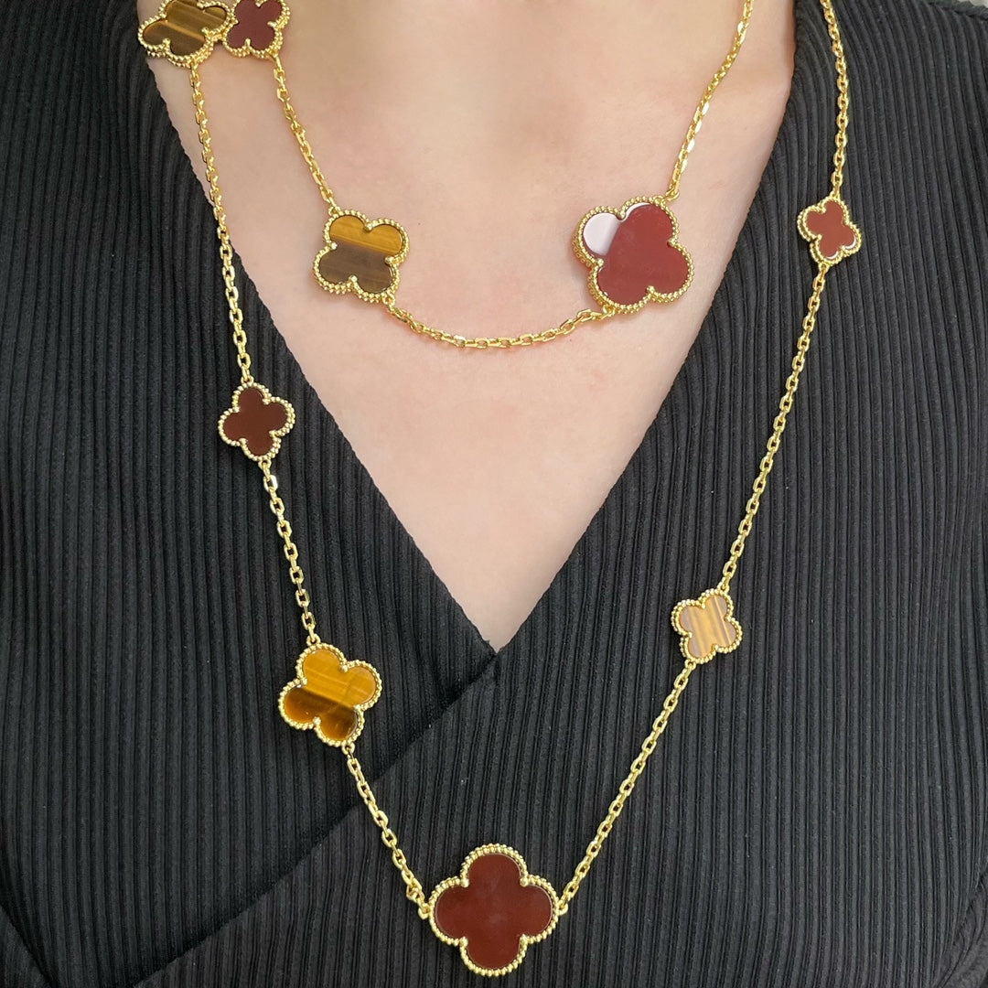 [Amore]CLOVER 16 MOTIF CARNELIAN TIGER EYE ROSE GOLD NECKLACE