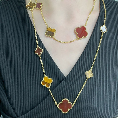 [Amore]CLOVER 16 MOTIF CARNELIAN TIGER EYE ROSE GOLD NECKLACE