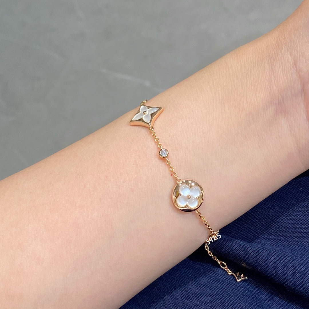 [Amore]STAR AND SUN 4 MOTIF WHITE MOP PINK GOLD BRACELET
