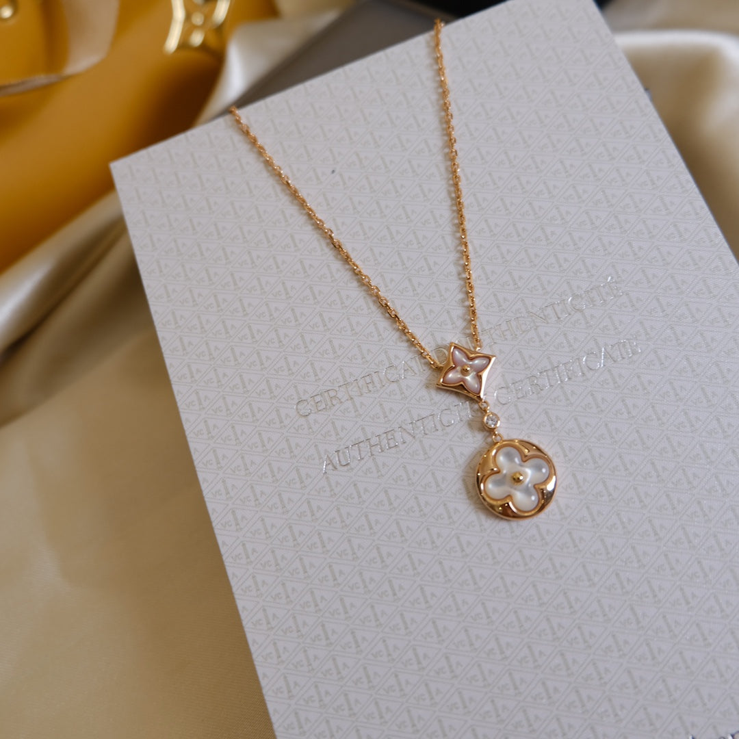 [Amore]STAR AND SUN WHITE MOP 2 MOTIF PINK GOLD NECKLACE