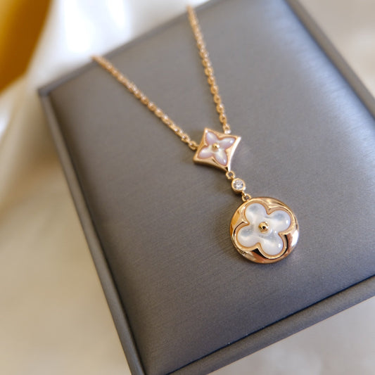 [Amore]STAR AND SUN WHITE MOP 2 MOTIF PINK GOLD NECKLACE