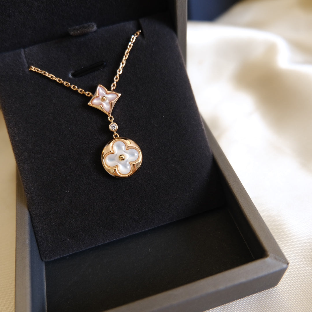 [Amore]STAR AND SUN WHITE MOP 2 MOTIF PINK GOLD NECKLACE
