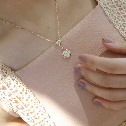 [Amore]STAR AND SUN WHITE MOP 2 MOTIF PINK GOLD NECKLACE