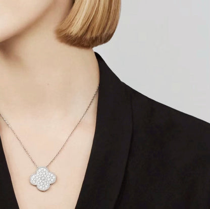[Amore]CLOVER 25MM LARGE PENDANT DIAMOND PAVED SILVER NECKLACE
