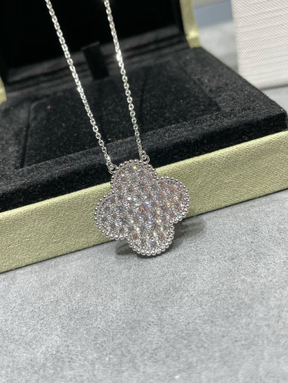 [Amore]CLOVER 25MM LARGE PENDANT DIAMOND PAVED SILVER NECKLACE
