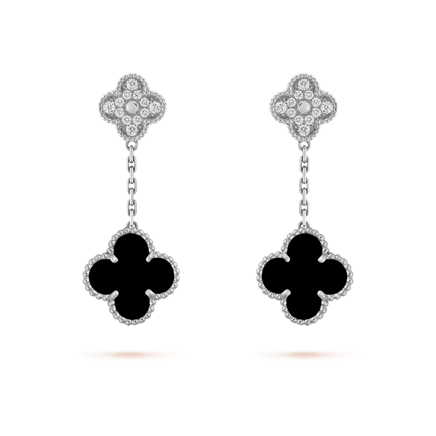 [Amore]CLOVER 2 MOTIFS  DIAMOND ONYX EARRINGS SILVER