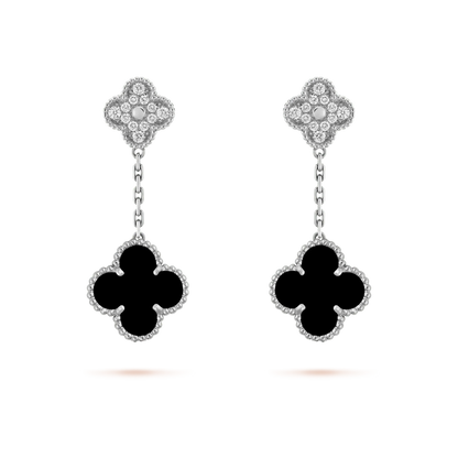 [Amore]CLOVER 2 MOTIFS  DIAMOND ONYX EARRINGS SILVER