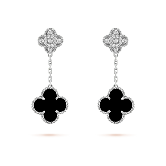 [Amore]CLOVER 2 MOTIFS  DIAMOND ONYX EARRINGS SILVER