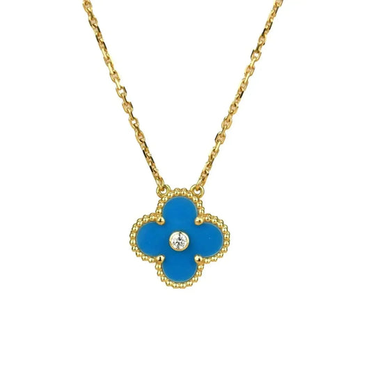 [Amore]CLOVER 15MM DIAMOND AND BLUE AGATE NECKLACE