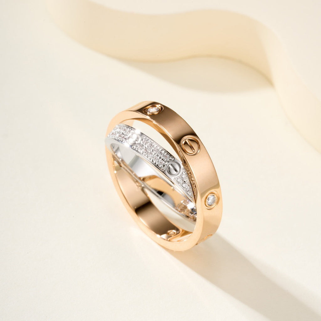 [Amore]LOVE PINK GOLD SILVER DIAMOND DOUBLE RING