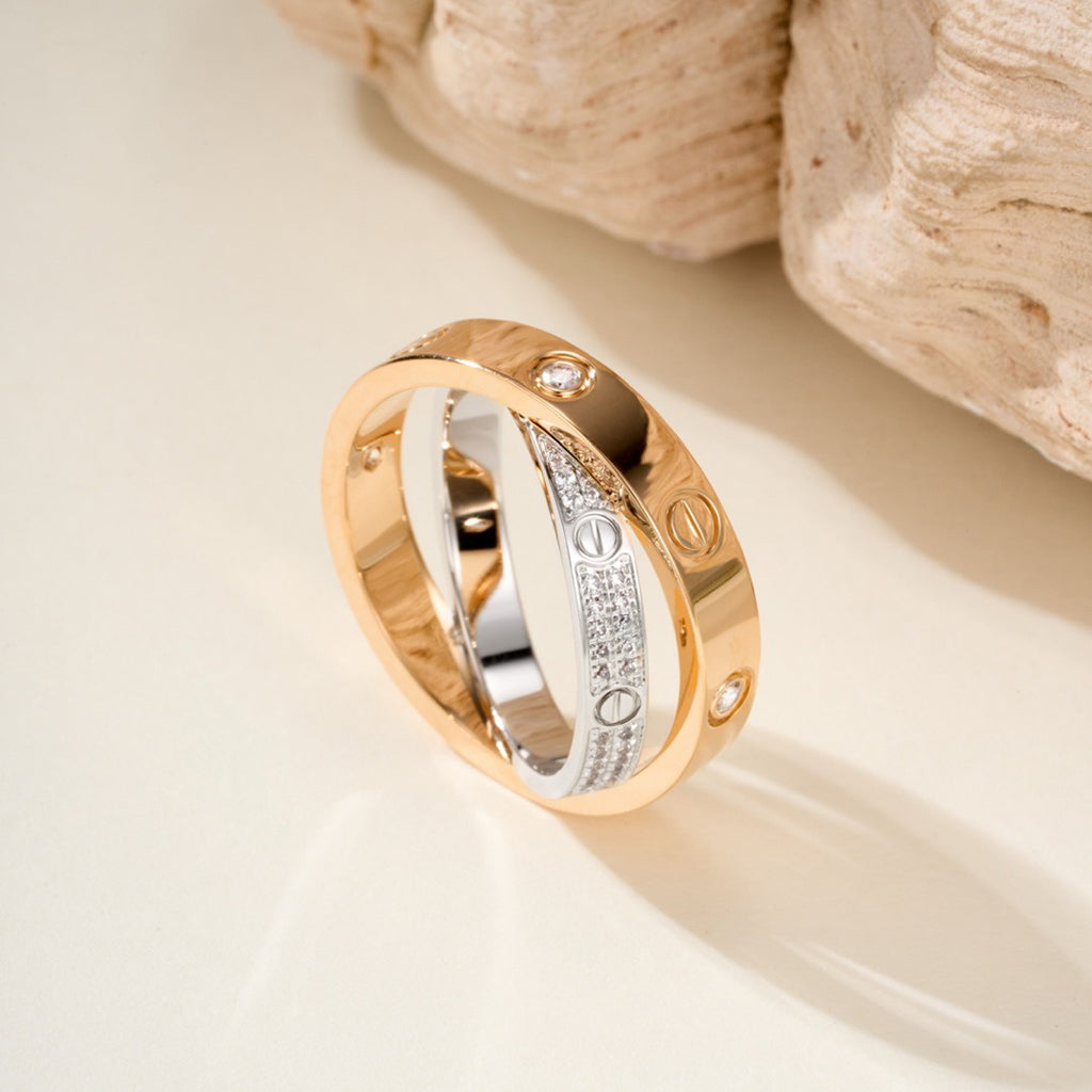 [Amore]LOVE PINK GOLD SILVER DIAMOND DOUBLE RING