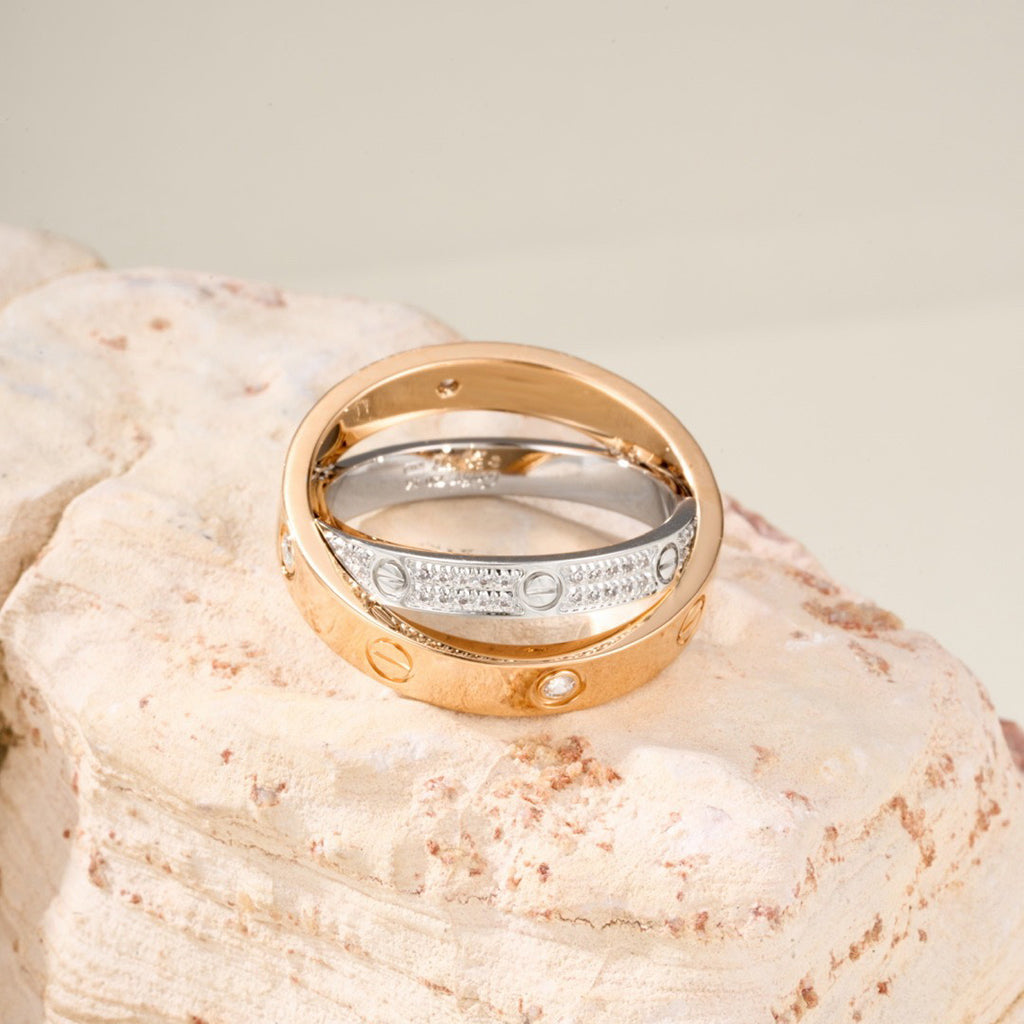 [Amore]LOVE PINK GOLD SILVER DIAMOND DOUBLE RING