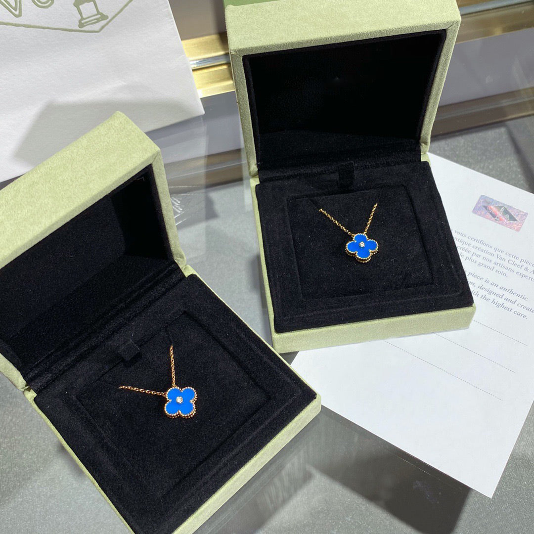 [Amore]CLOVER 15MM DIAMOND AND BLUE AGATE NECKLACE