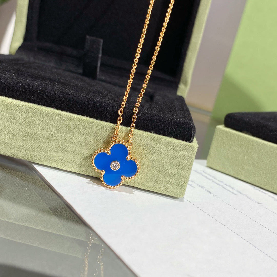 [Amore]CLOVER 15MM DIAMOND AND BLUE AGATE NECKLACE