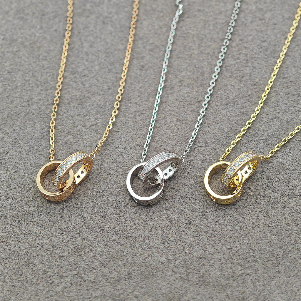 [Amore]LOVE DOUBLE RING HALF DIAMOND NECKLACE