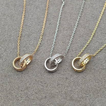 [Amore]LOVE DOUBLE RING HALF DIAMOND NECKLACE
