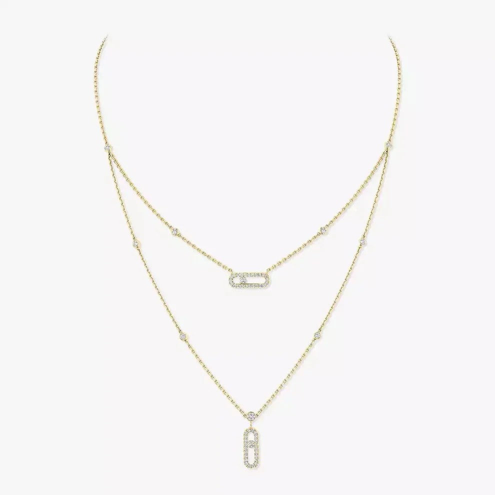 [Amore]2 Rows Rose Gold Diamond Pave_ Necklace Move Uno