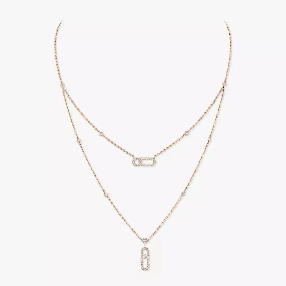 [Amore]2 Rows Rose Gold Diamond Pave_ Necklace Move Uno
