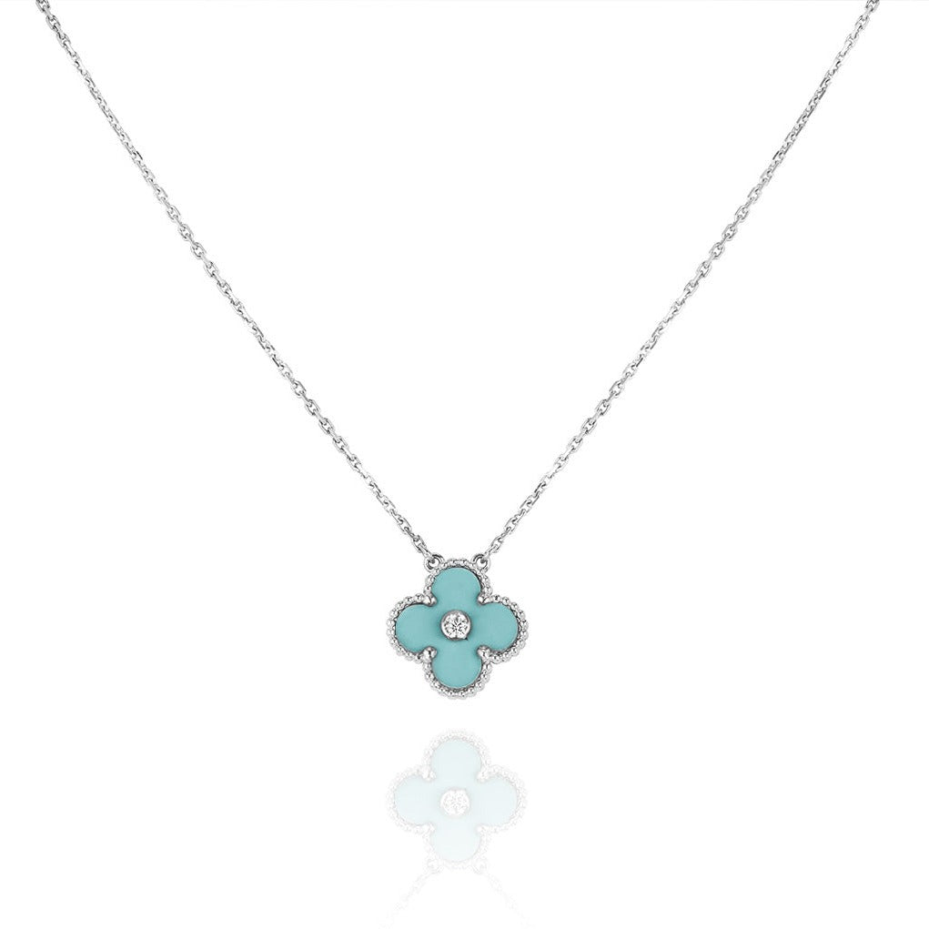 [Amore]CLOVER 1 DIAMOND LIGHT BLUE SILVER NECKLACE