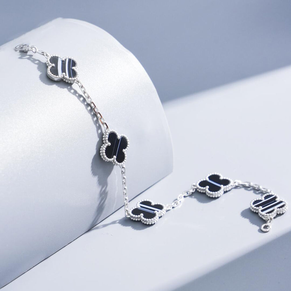 [Amore]CLOVER 5 MOTIF VEINED ONYX BRACELET SILVER