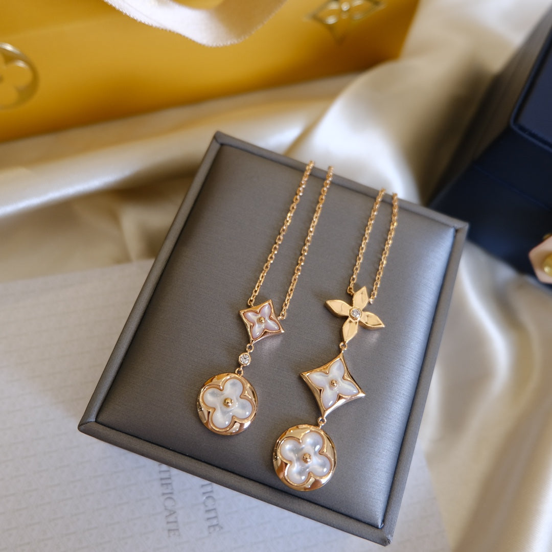 [Amore]COLOR BLOSSOM LARIAT NECKLACE PINK GOLD WHITE MOTHER PEARL AND DIAMOND