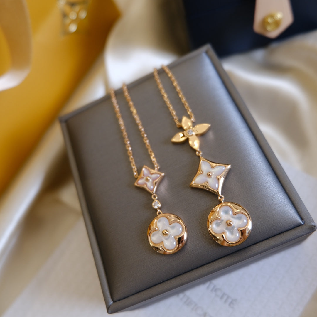 [Amore]COLOR BLOSSOM LARIAT NECKLACE PINK GOLD WHITE MOTHER PEARL AND DIAMOND