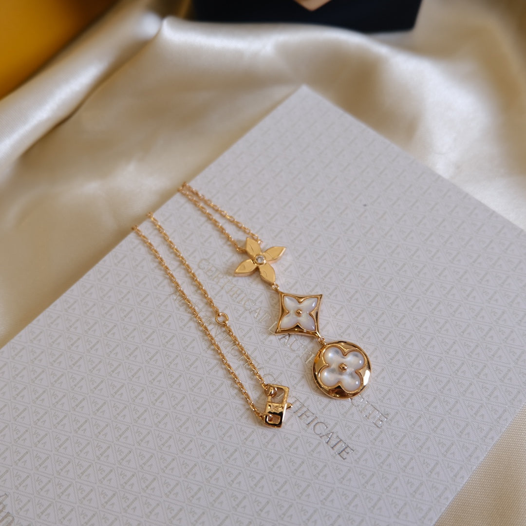 [Amore]COLOR BLOSSOM LARIAT NECKLACE PINK GOLD WHITE MOTHER PEARL AND DIAMOND
