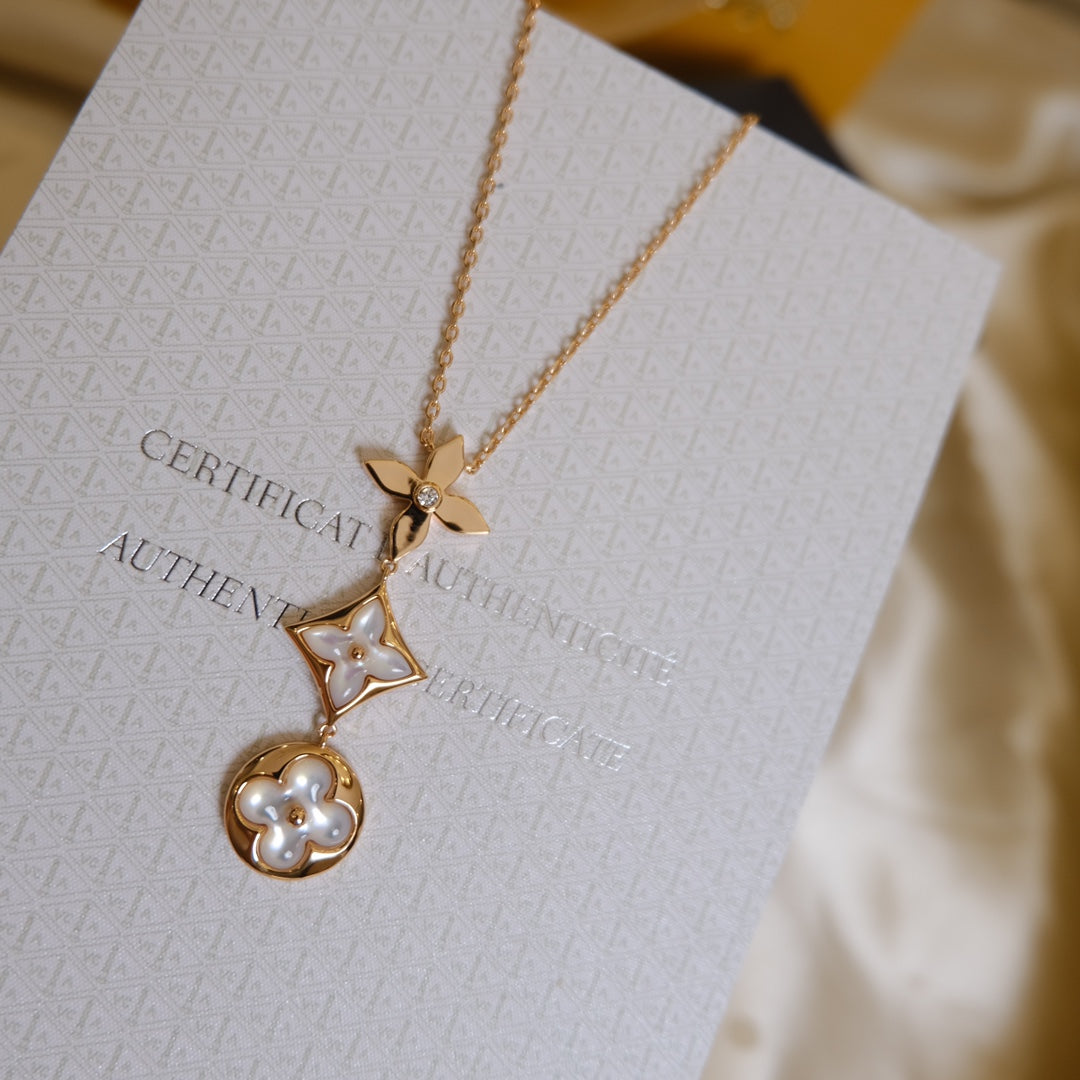 [Amore]COLOR BLOSSOM LARIAT NECKLACE PINK GOLD WHITE MOTHER PEARL AND DIAMOND