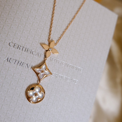 [Amore]COLOR BLOSSOM LARIAT NECKLACE PINK GOLD WHITE MOTHER PEARL AND DIAMOND