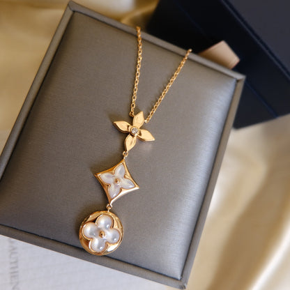 [Amore]COLOR BLOSSOM LARIAT NECKLACE PINK GOLD WHITE MOTHER PEARL AND DIAMOND