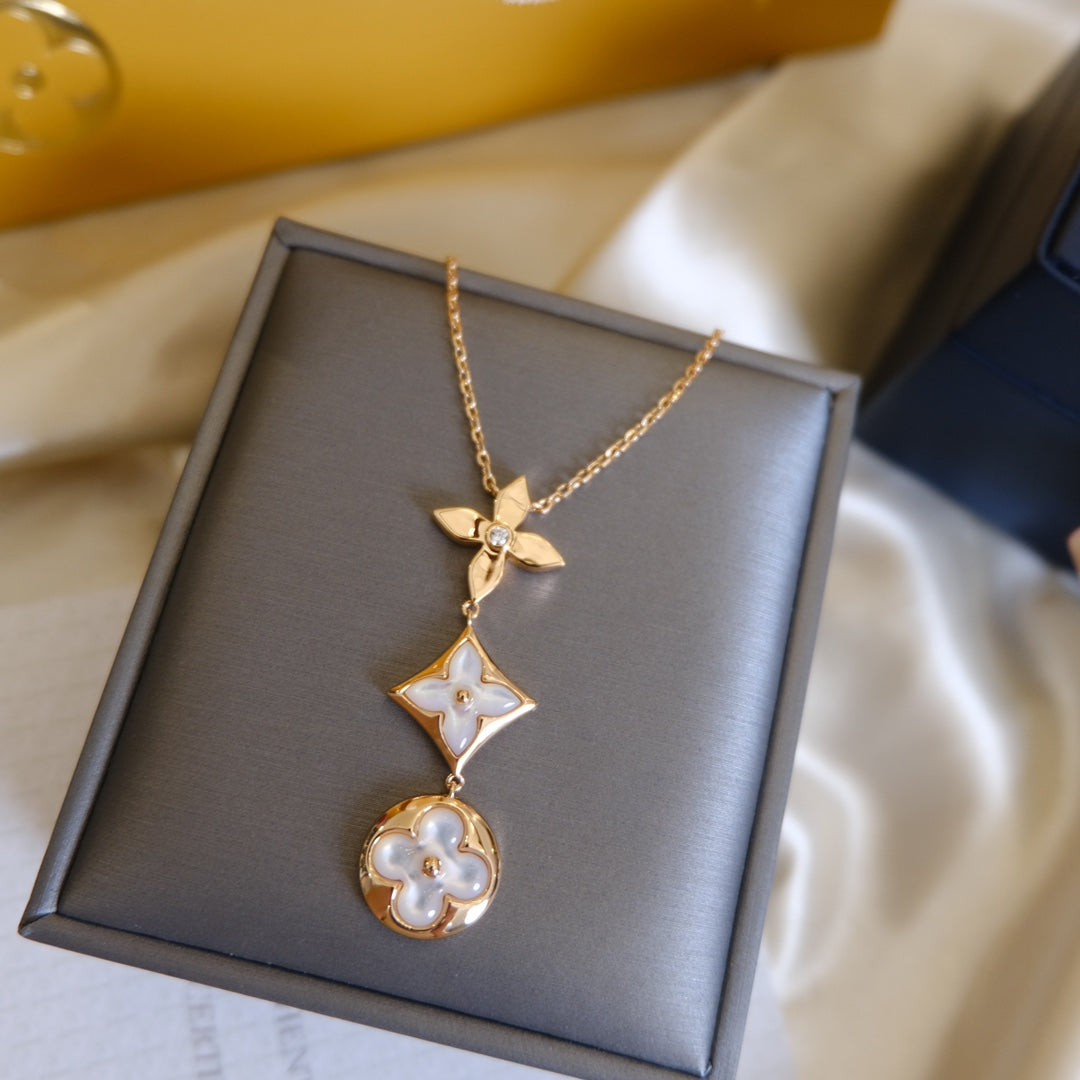 [Amore]COLOR BLOSSOM LARIAT NECKLACE PINK GOLD WHITE MOTHER PEARL AND DIAMOND