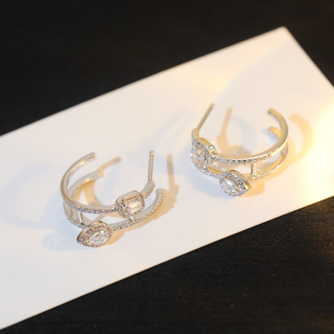 [Amore]CREOLES MY TWIN 2 RANGS SILVER DIAMOND EARRINGS
