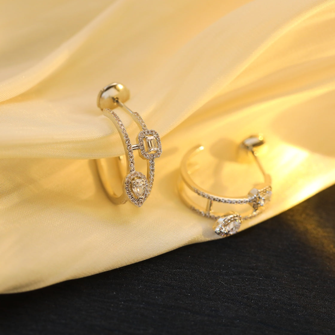 [Amore]CREOLES MY TWIN 2 RANGS SILVER DIAMOND EARRINGS
