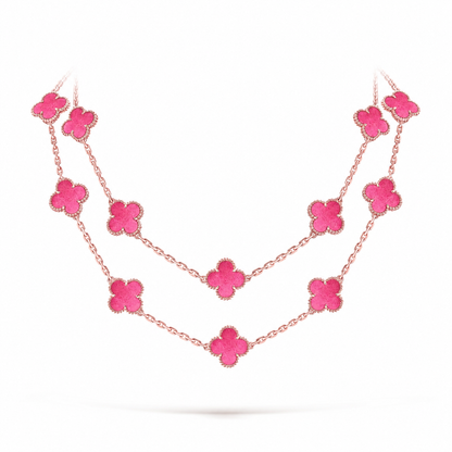 [Amore] NEW CLOVER 20 MOTIFS PINK ENAMEL NECKLACE