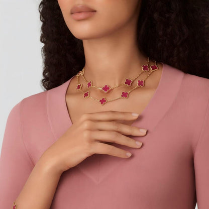 [Amore] NEW CLOVER 20 MOTIFS PINK ENAMEL NECKLACE