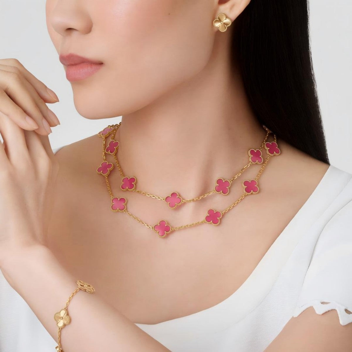 [Amore] NEW CLOVER 20 MOTIFS PINK ENAMEL NECKLACE